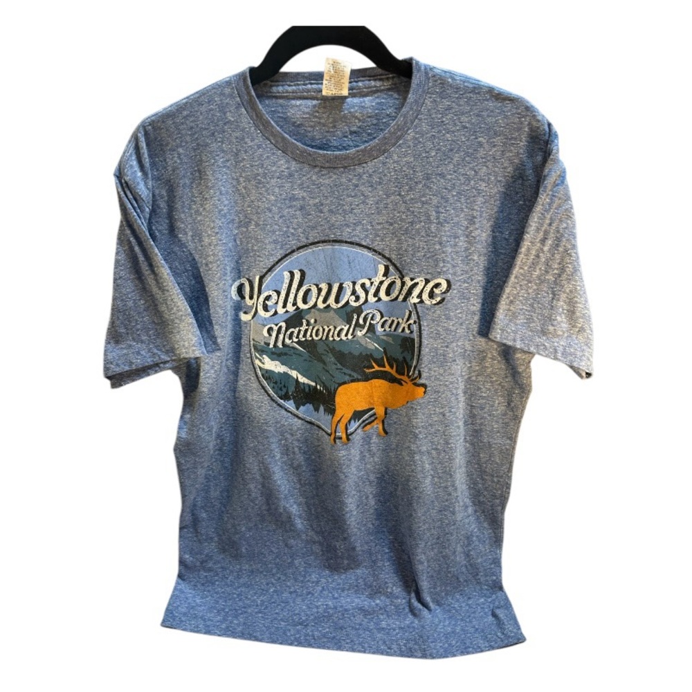 Yellowstone National Park T Shirt Sz L Moose Mountains Heather Blue Pre-worn